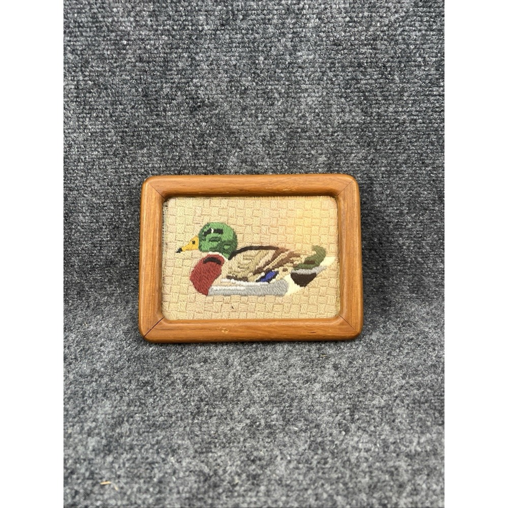 Vintage 5x7 Wood Framed Needlepoint Mallard Duck Rustic Cabin